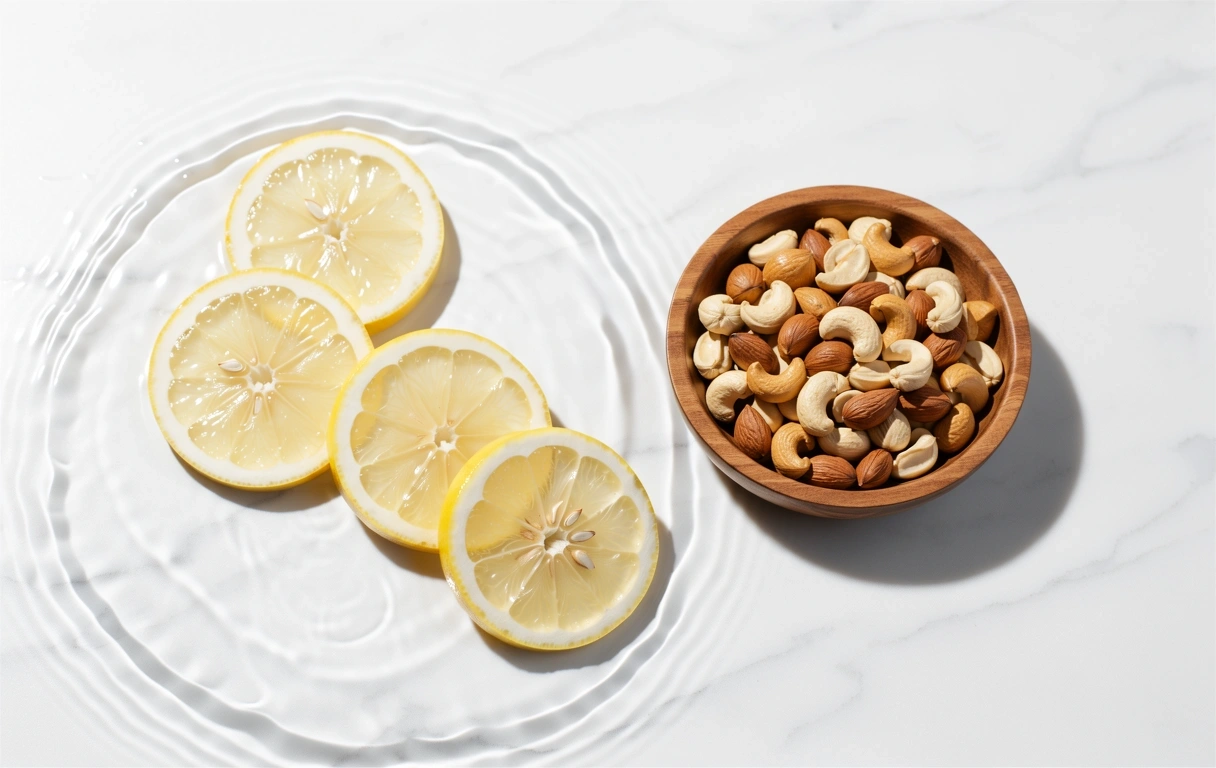 Snack saludable y agua con limón